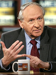 FILE: William Safire, Speechwriter of President Nixon Dead At 79...WASHINGTON - FEBRUARY 27: (FILE PHOTO) Columnist of the New York Times, William Safire, gestures as he attends a roundtable discussion on NBC's 'Meet the Press' during a taping at the NBC studios February 27, 2005 in Washington, DC. It was reported that William Safire, a speechwriter for U.S. President Richard M. Nixon and a Pulitzer Prize-winning political columnist for The New York Times died at a hospice at the age of 79 on September 27, 2009 in Rockville, Maryland. (Photo by Alex Wong/Getty Images)